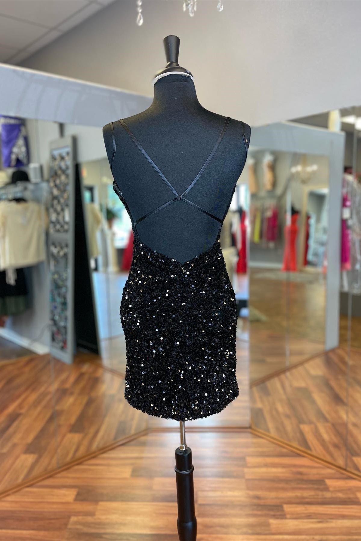Sparkle Black Sequin Bodycon Mini Homecoming Dress with Straps