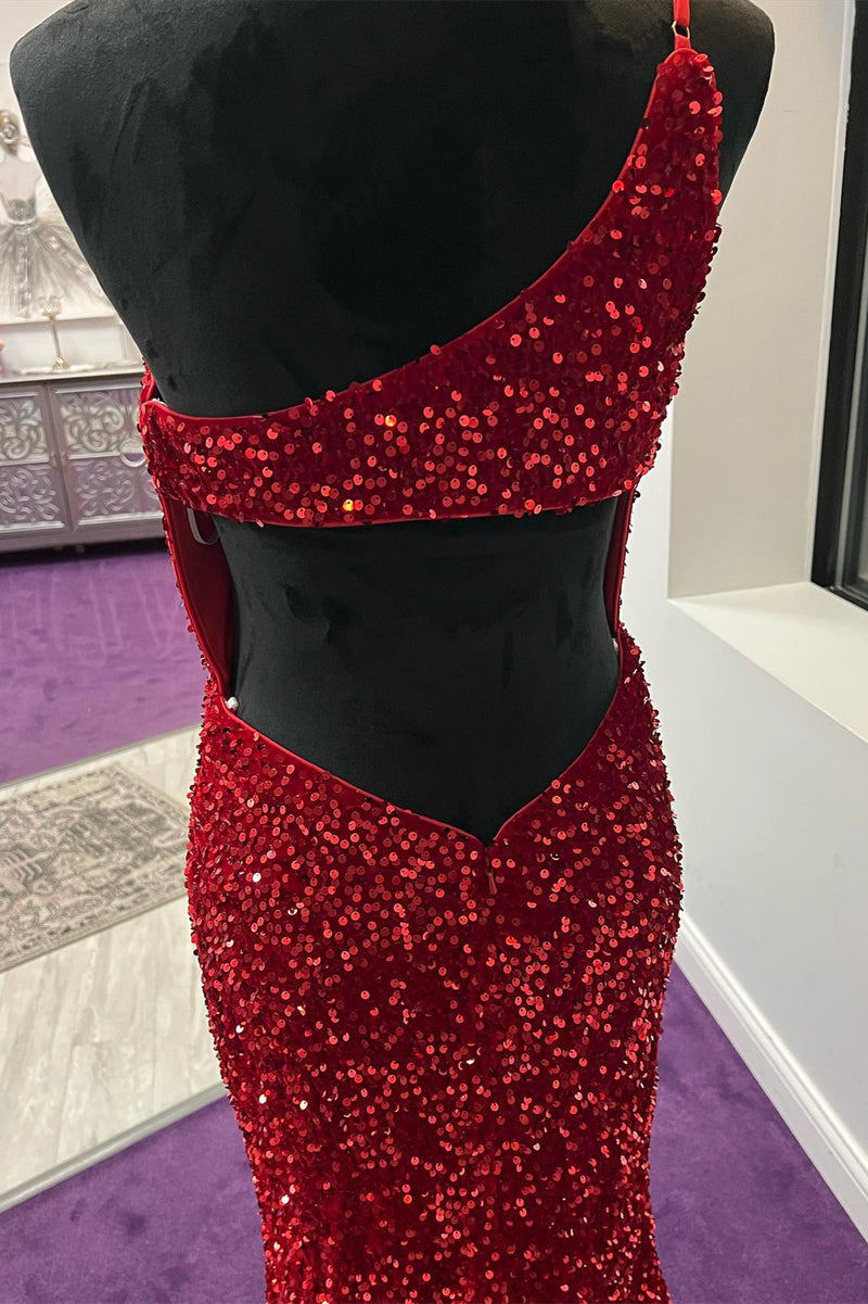 Stunning Red Sequin Mermaid One Shoulder Long Formal Dress 