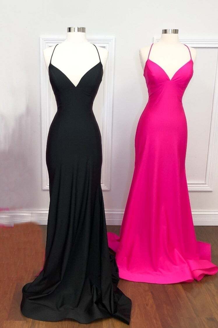 Straps Hot Pink Mermaid Simple Long Prom Dress