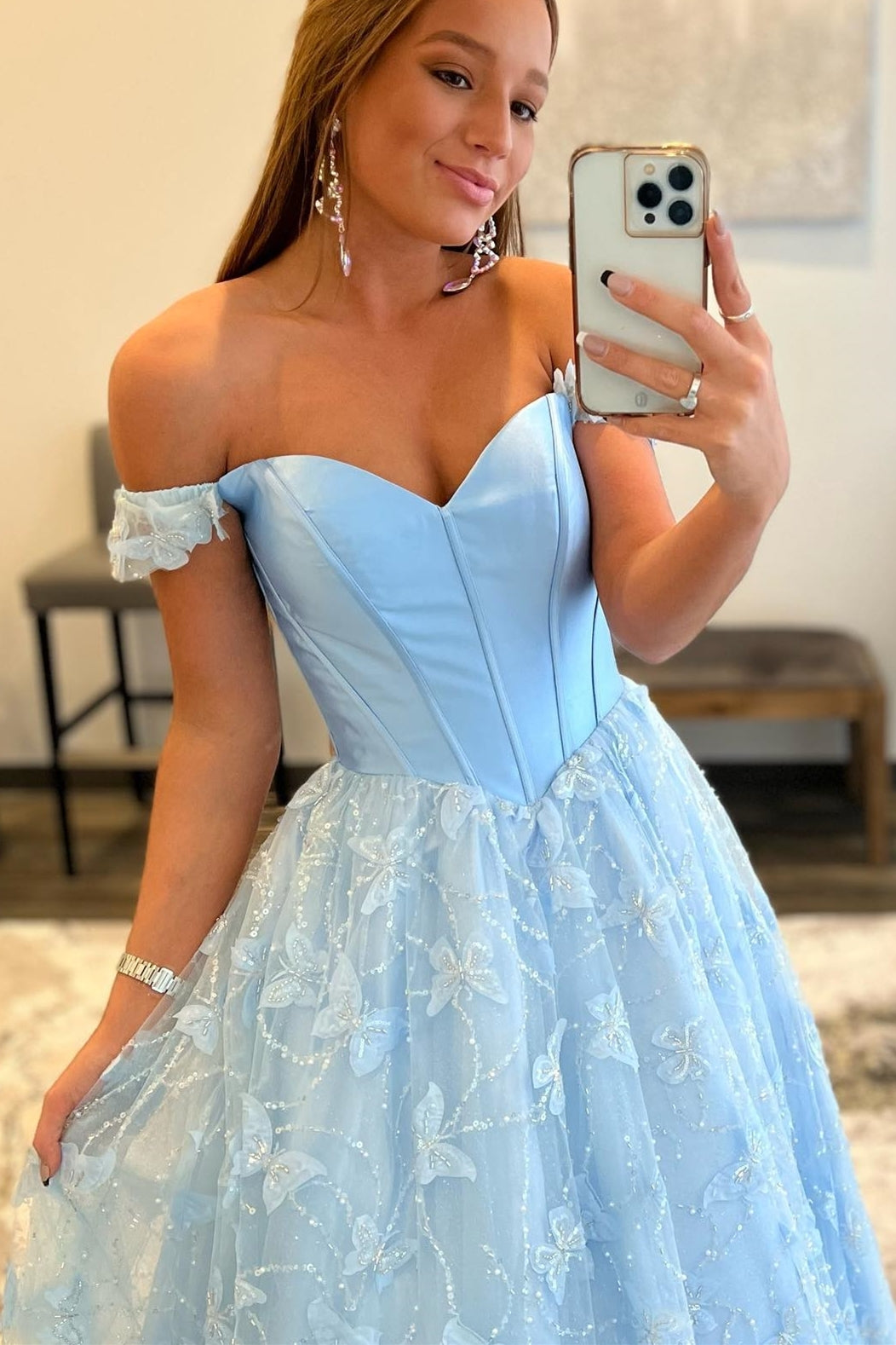 Princess Blue Off the Shoulder A-line Long Formal Gown 