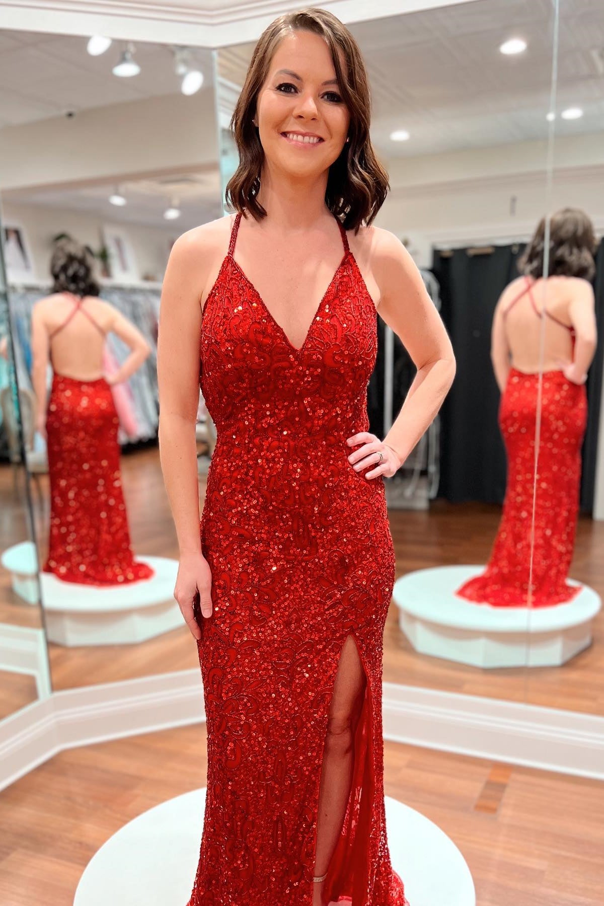 Red Sequin V Neck Mermaid Long Prom Dress with Slit