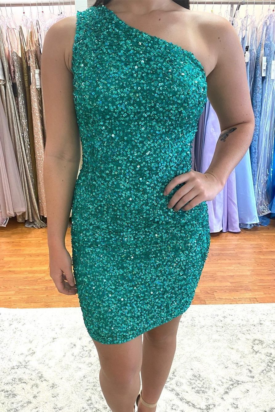 One Shoulder Hot Pink Sequins Mini Bodycon Dress