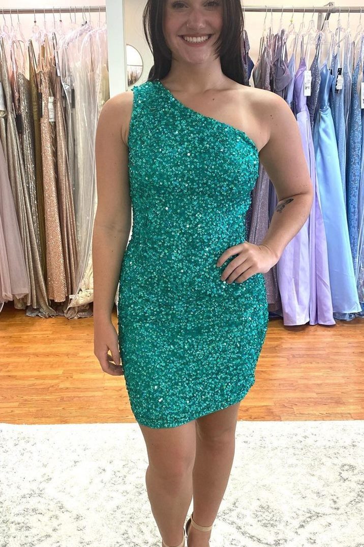 One Shoulder Hot Pink Sequins Mini Bodycon Dress