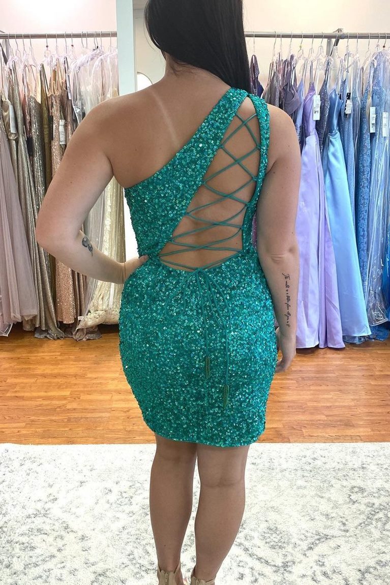 One Shoulder Hot Pink Sequins Mini Bodycon Dress