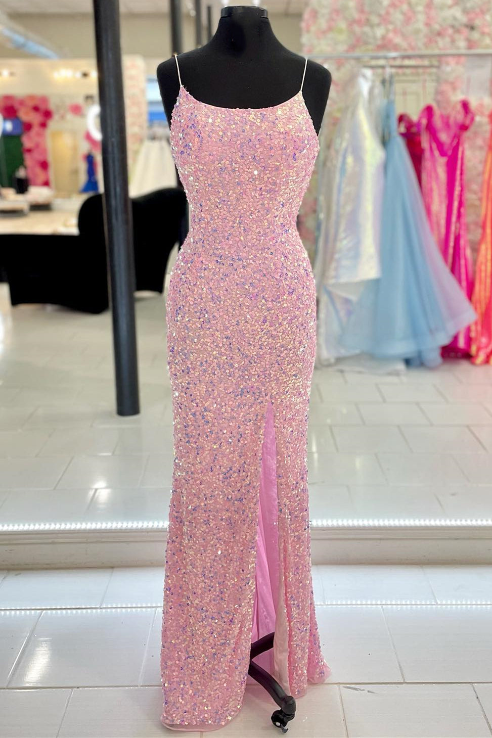 Pink Sequins Mermaid Long Formal Dress with Slit