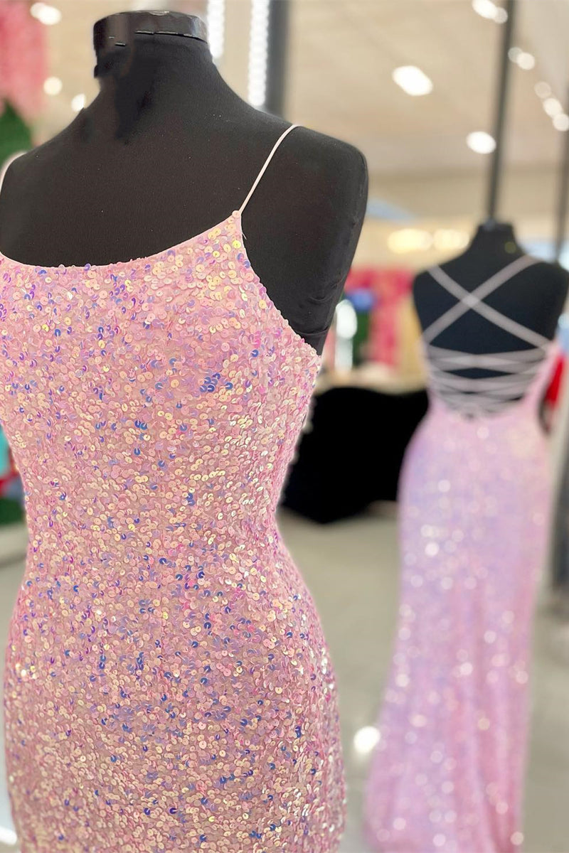 Pink Sequins Mermaid Long Formal Dress with Slit