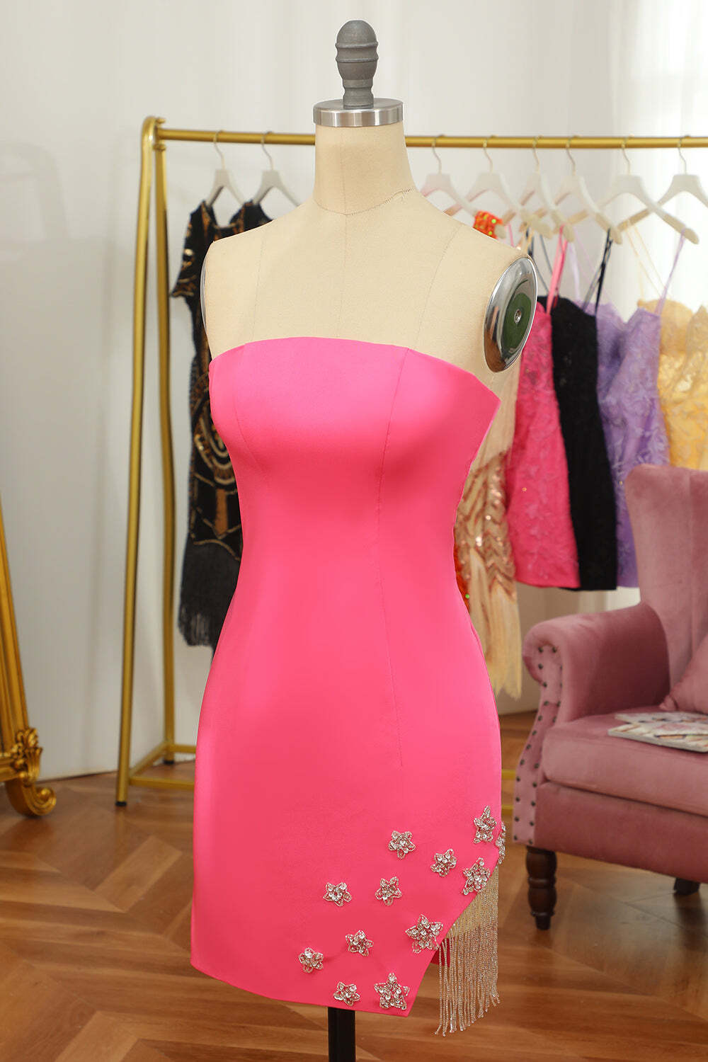 Sexy Strapless Hot Pink Beaded Bodycon Mini Party Dress