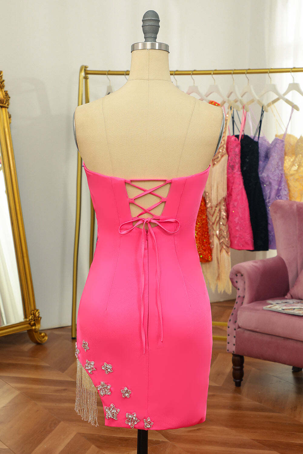 Sexy Strapless Hot Pink Beaded Bodycon Mini Party Dress