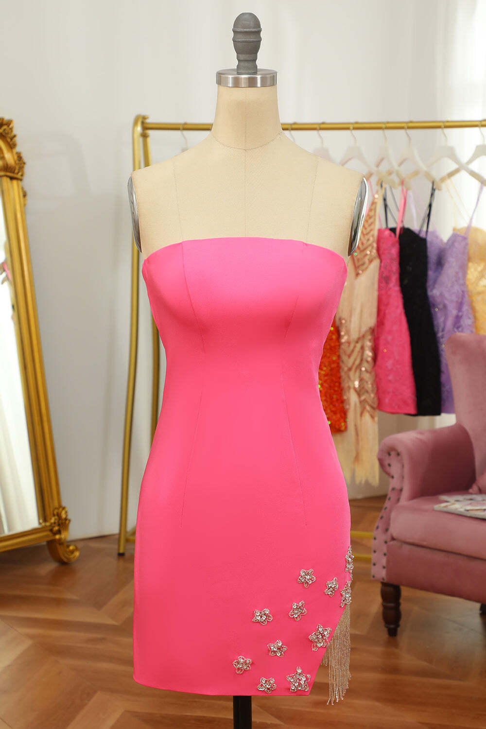 Sexy Strapless Hot Pink Beaded Bodycon Mini Party Dress