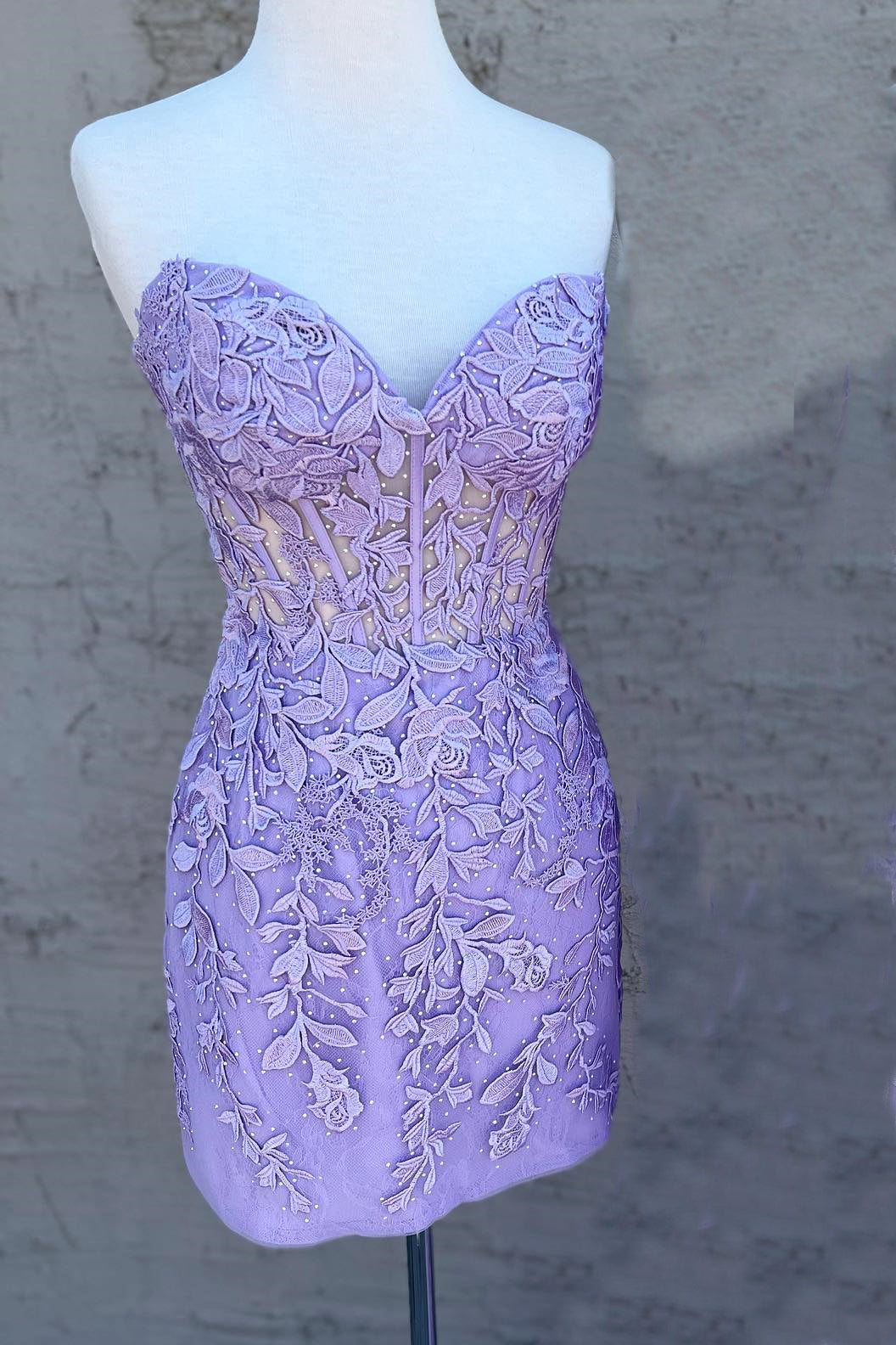 Sweetheart Lavender Lace Appliques Bodycon Mini Dress
