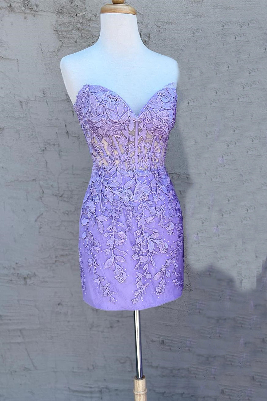 Sweetheart Lavender Lace Appliques Bodycon Mini Dress