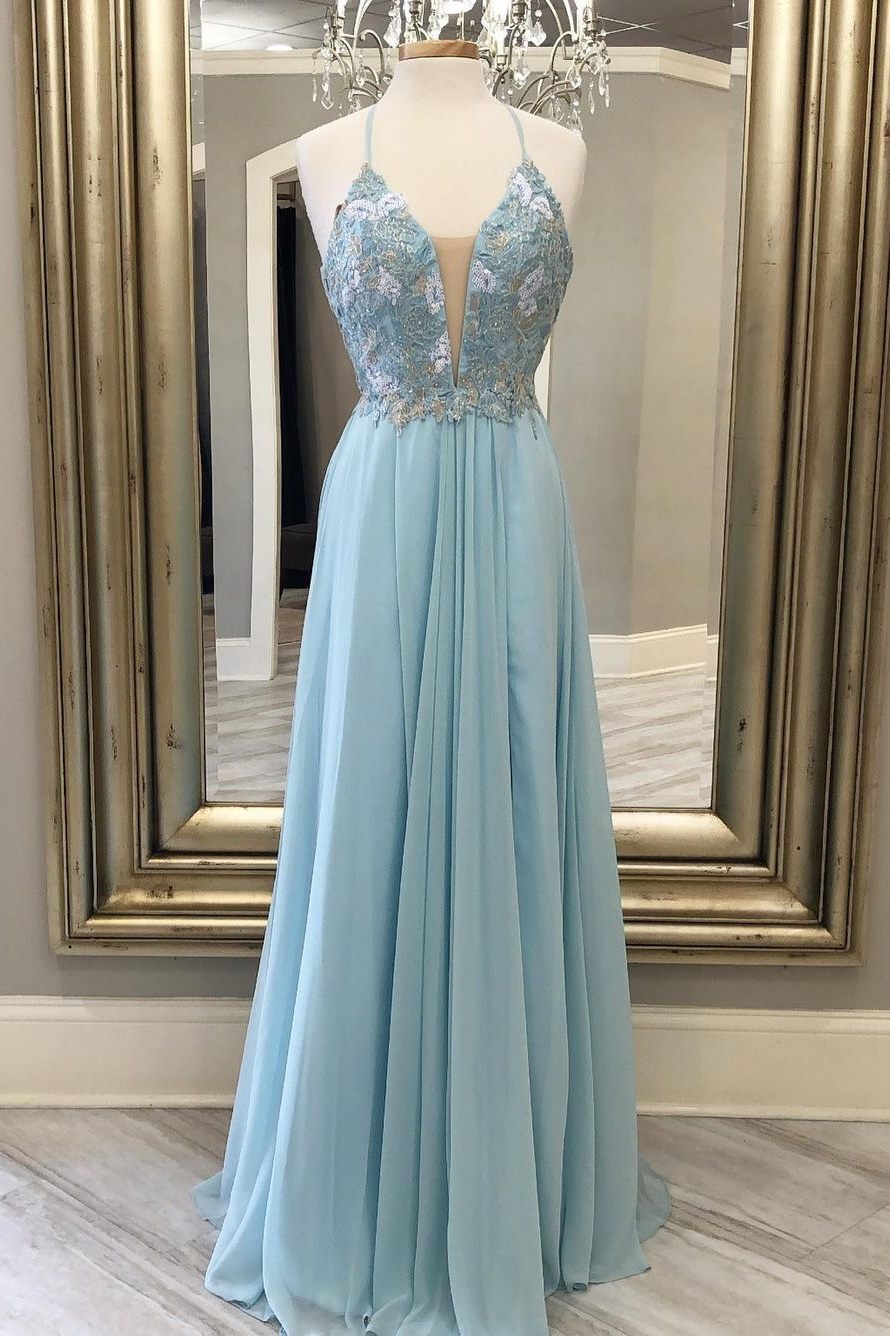 Princess Blue Floral A-line Chiffon Long Prom Dress