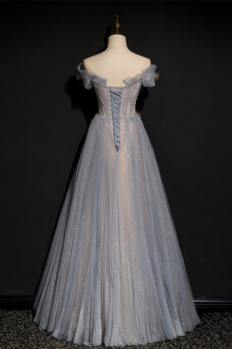 Unique Off the Shoulder Blue Long Formal Dress with Petal Top 