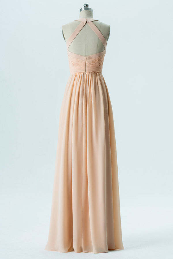 Peach Halter Chiffon A-line Long Bridesmaid Dress