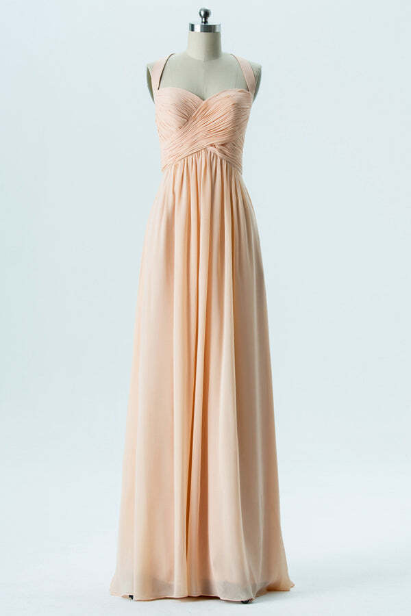 Peach Halter Chiffon A-line Long Bridesmaid Dress