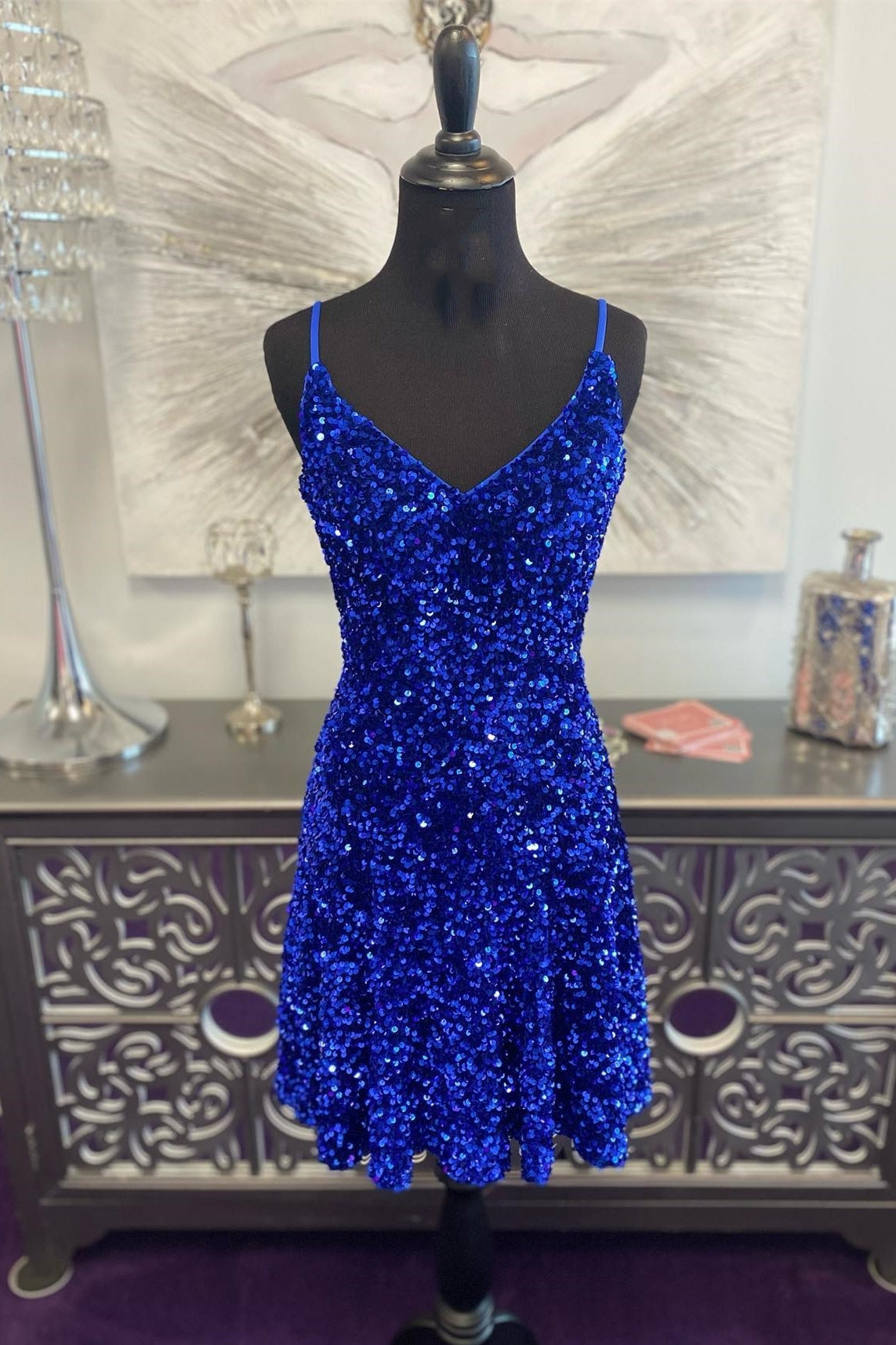 Royal Blue Sequin Straps A-line Short Homecoming Dress – Dressesforparty