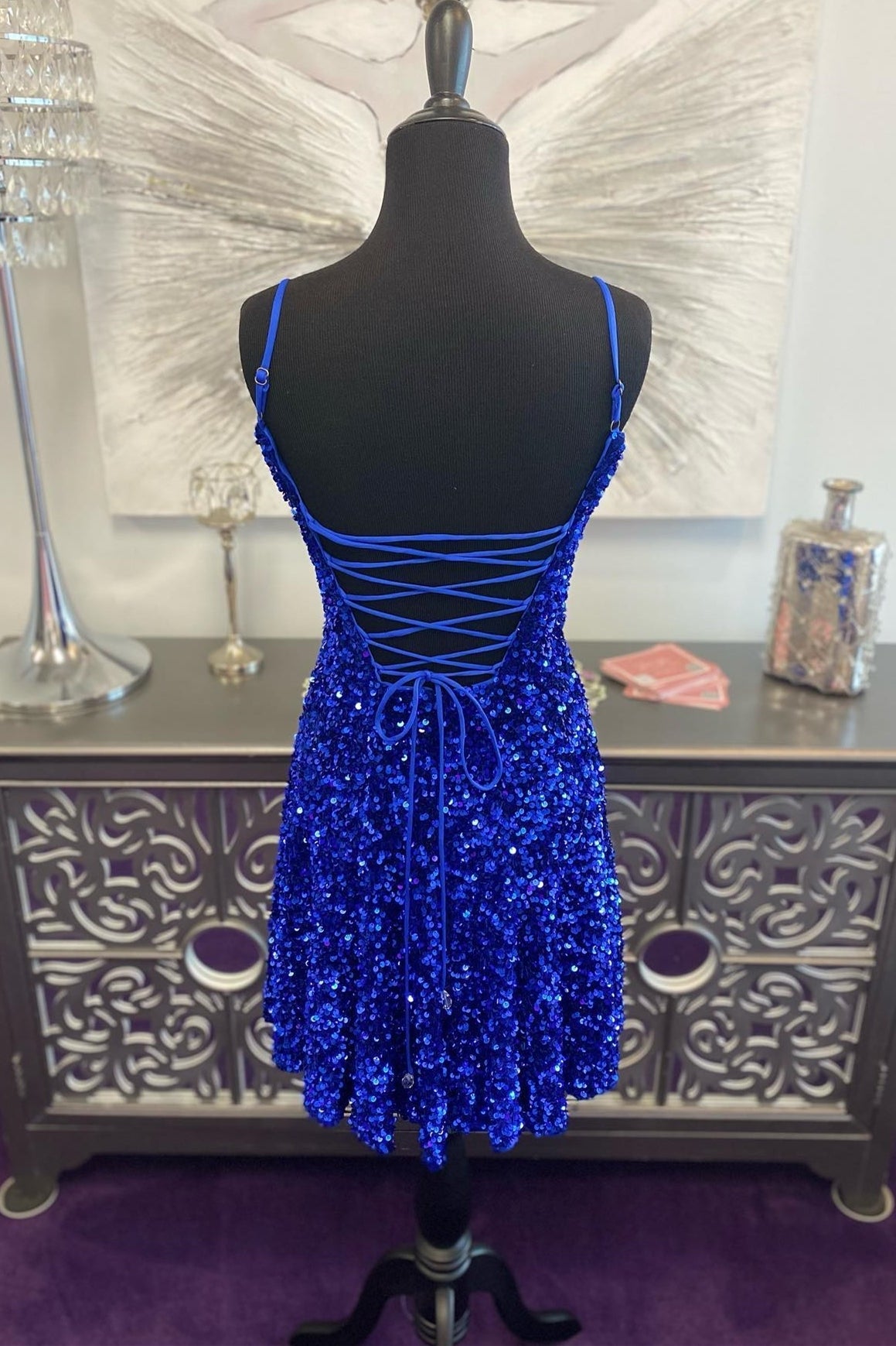 Royal Blue Sequin Straps A-line Short Homecoming Dress