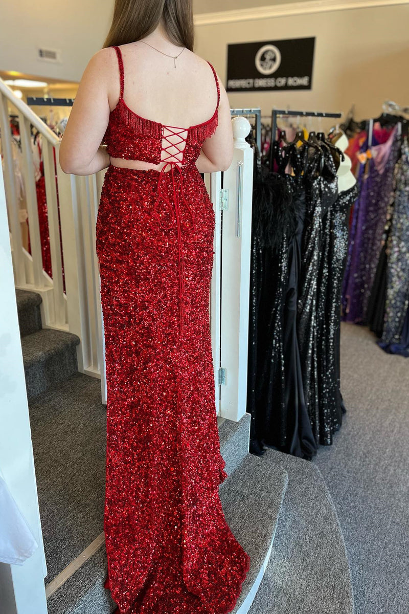 Two Piece Red Sequin Mermaid Tassels Long Formal Dress