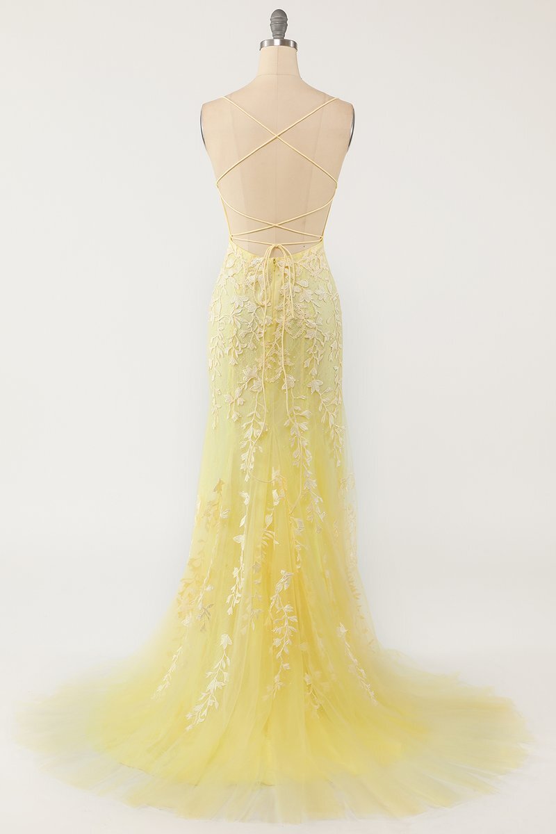 Mermaid Yellow Lace Appliques Long Formal Dress