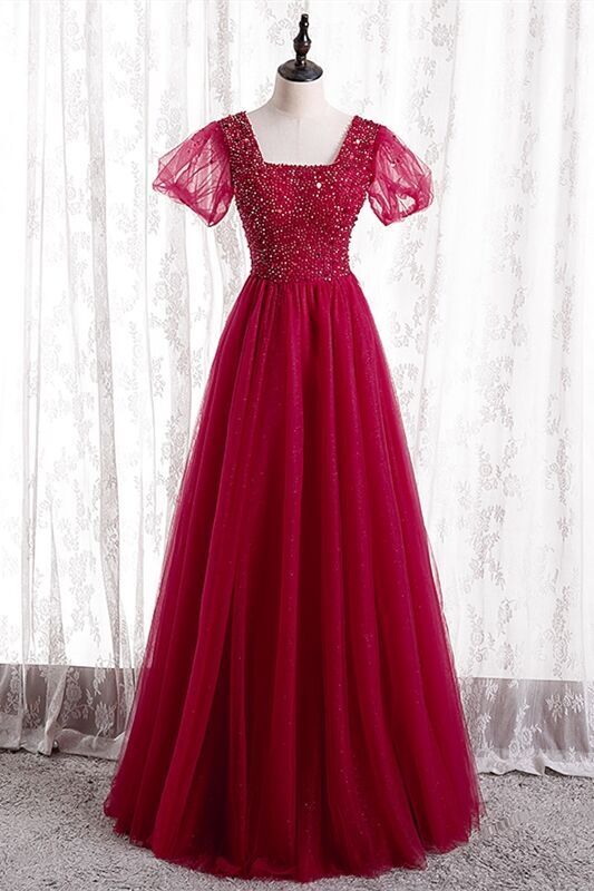 A-line Beaded Red Long Party Dress with Short Sleeves
