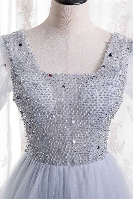A-line Beaded Red Long Party Dress with Short Sleeves
