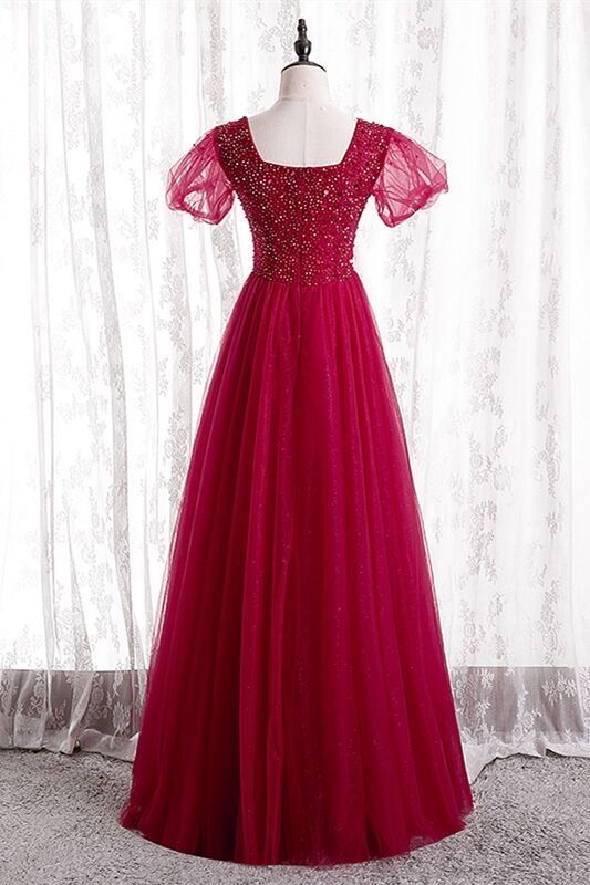 A-line Beaded Red Long Party Dress with Short Sleeves