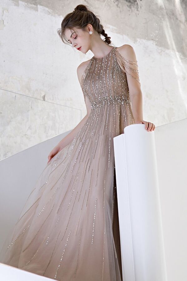 Luxurious A-line Champagne Long Evening Dress with Beaded Chain