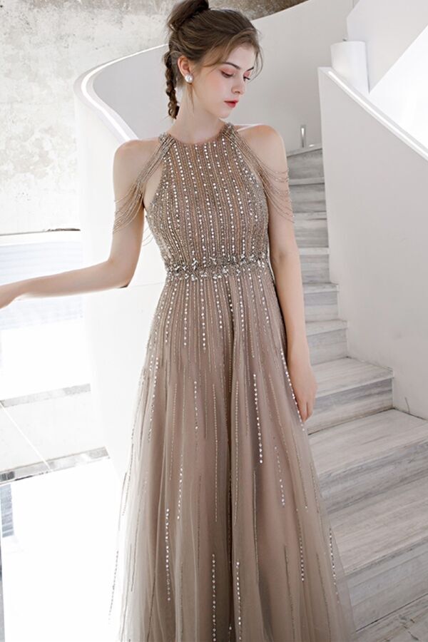 Luxurious A-line Champagne Long Evening Dress with Beaded Chain