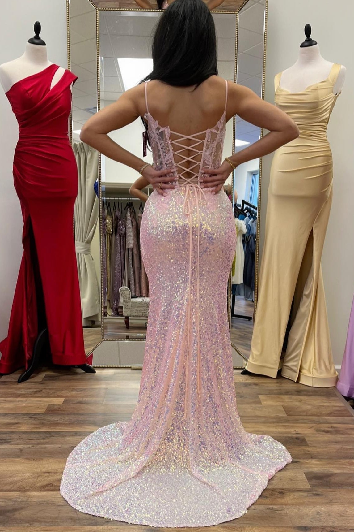 Gorgeous Pink Sequin Straps Mermaid Long Prom Dress