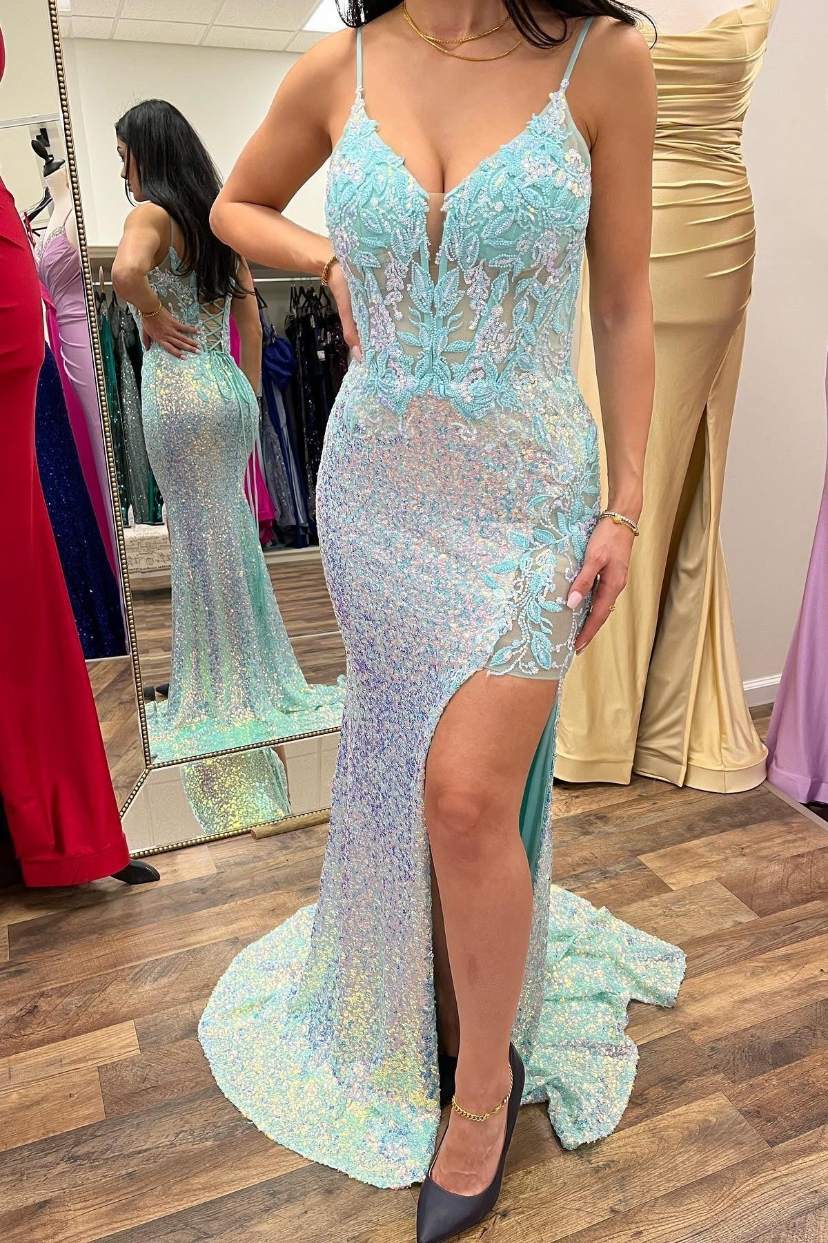 Gorgeous Blue Sequin Straps Mermaid Long Prom Dress