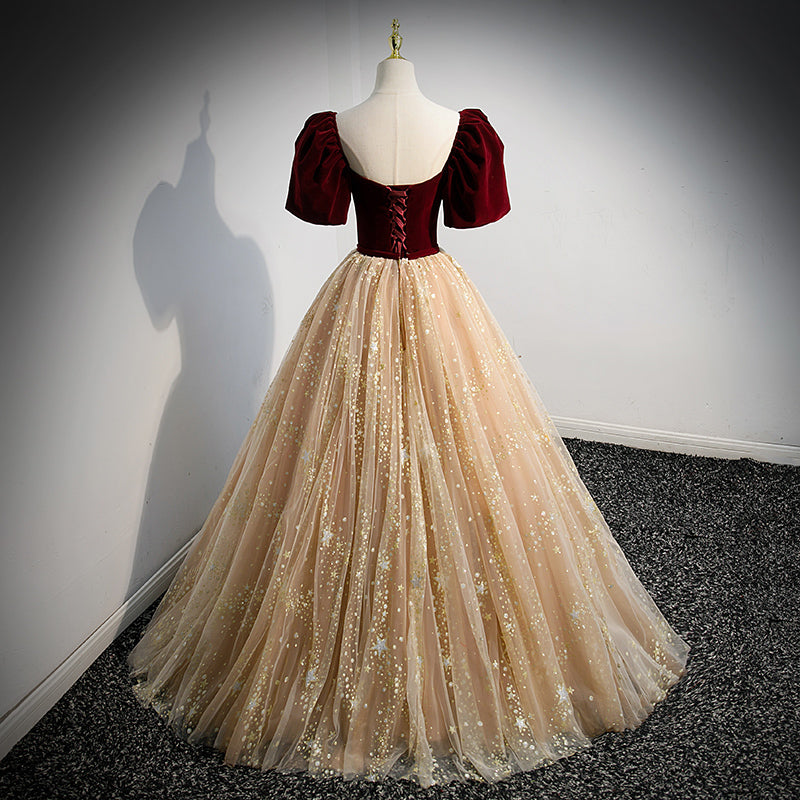 Short Sleeves Burgundy Velvet and Champagne Tulle Formal Gown