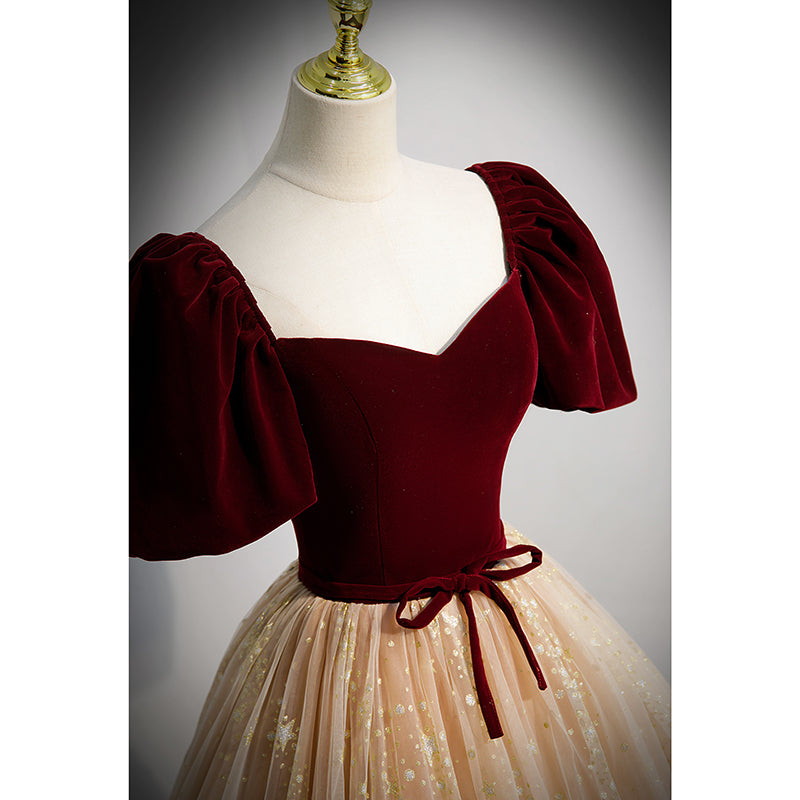 Short Sleeves Burgundy Velvet and Champagne Tulle Formal Gown