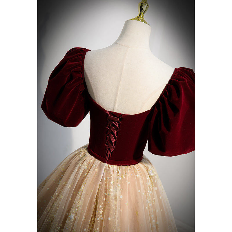 Short Sleeves Burgundy Velvet and Champagne Tulle Formal Gown