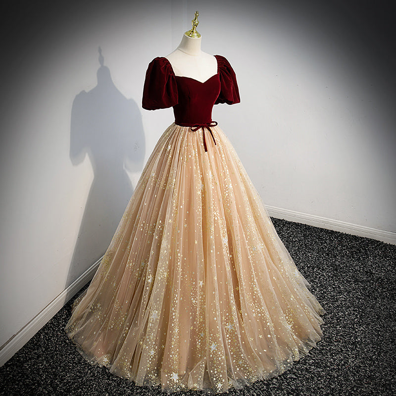 Short Sleeves Burgundy Velvet and Champagne Tulle Formal Gown