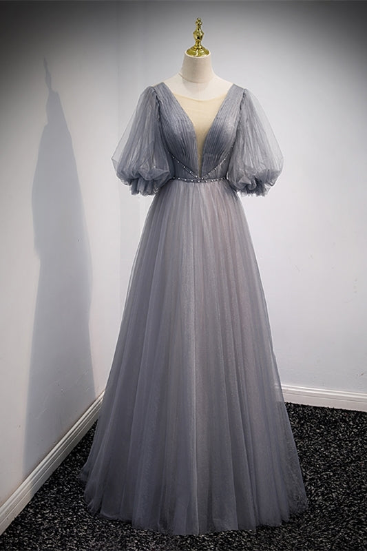 Gorgeous Grey Soft Tulle A-line Formal Dress with Half Sleeves