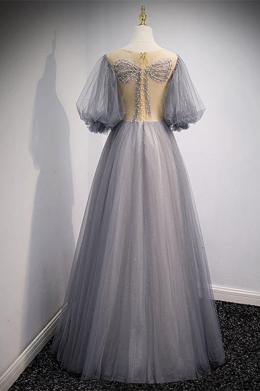 Gorgeous Grey Soft Tulle A-line Formal Dress with Half Sleeves