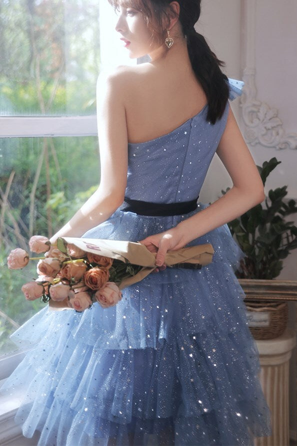 One Shoulder Princess Blue Short Party Dress