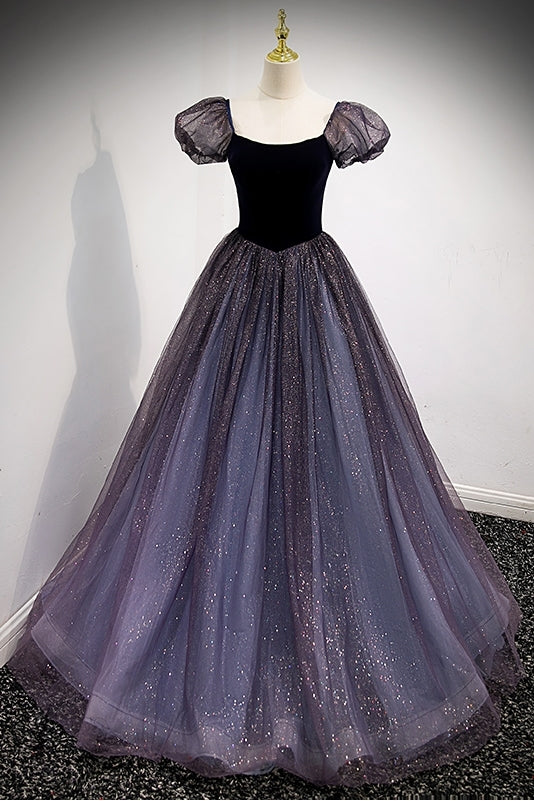 Navy Blue A-line Short Puffy Sleeves Princess Long Dress