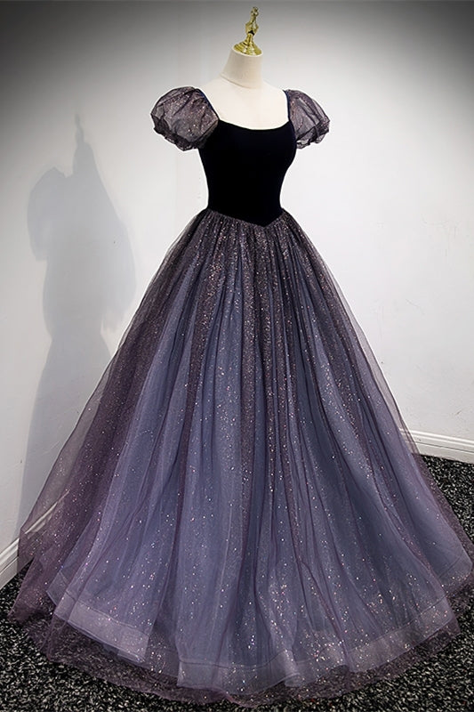 Navy Blue A-line Short Puffy Sleeves Princess Long Dress