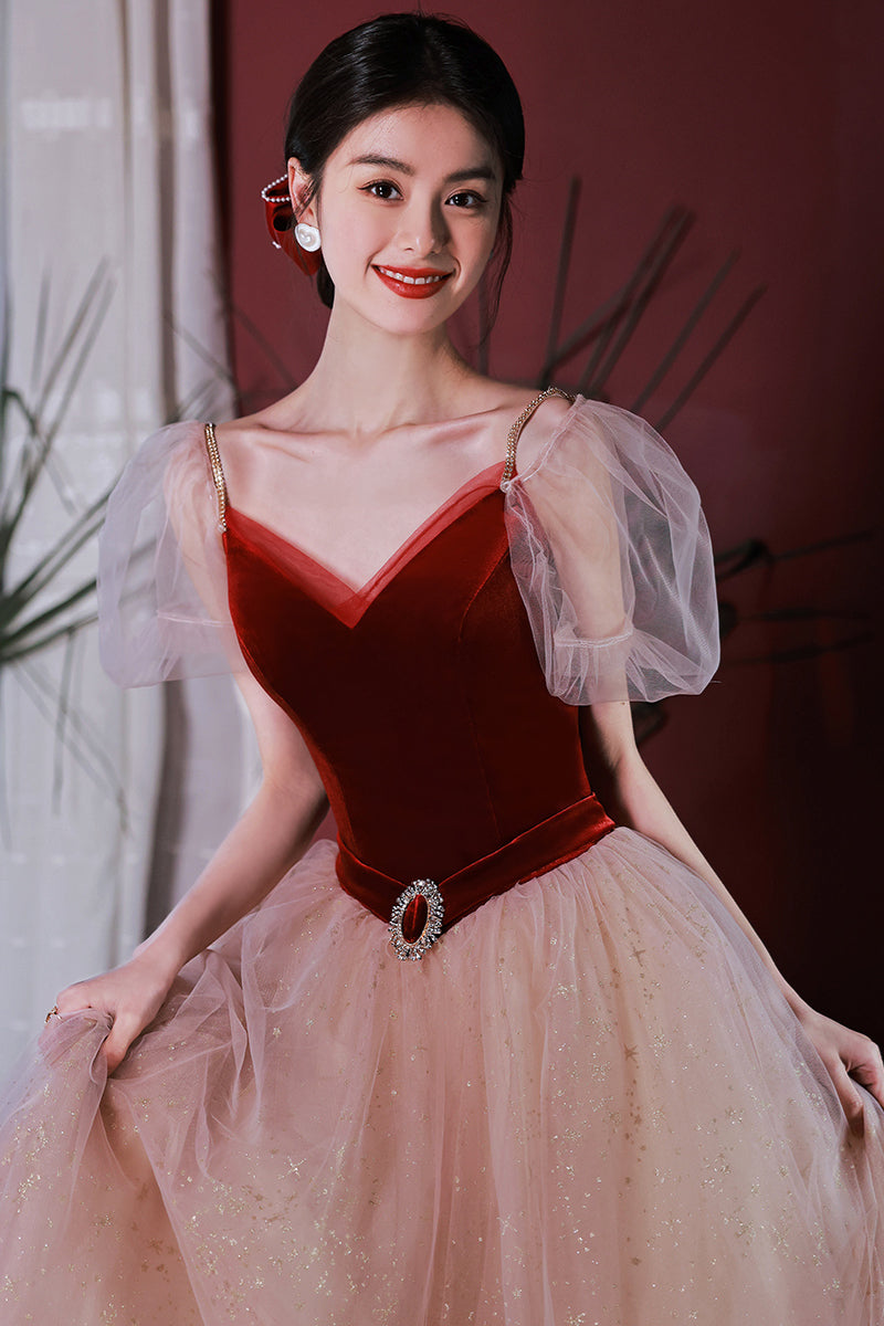 Straps Burgundy Velvet and Tulle A-line Long Formal Dress