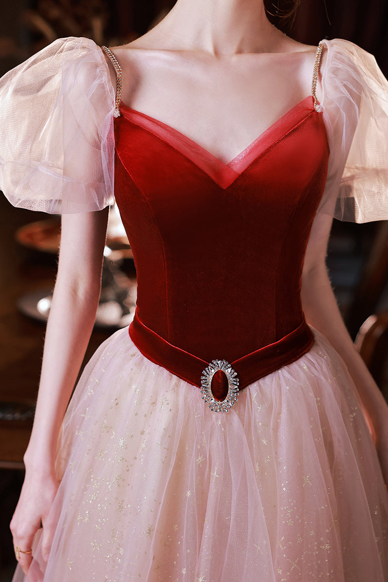 Straps Burgundy Velvet and Tulle A-line Long Formal Dress