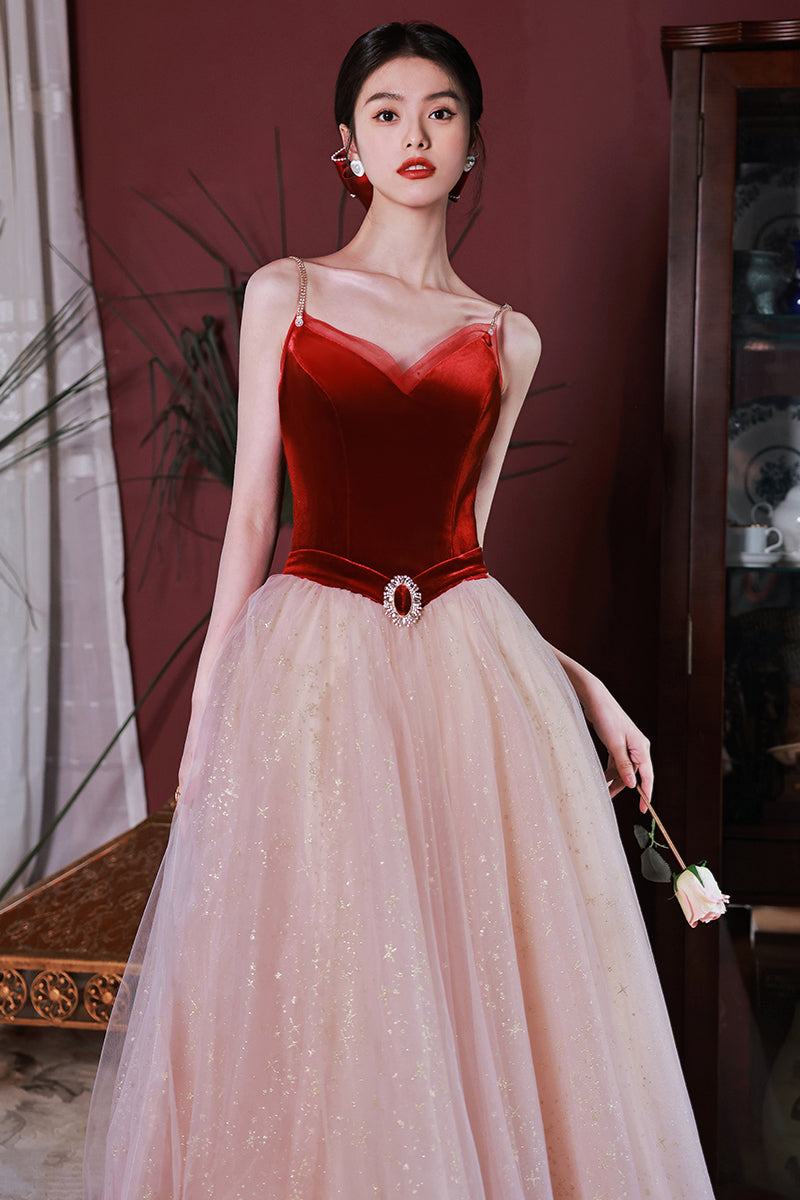 Straps Burgundy Velvet and Tulle A-line Long Formal Dress