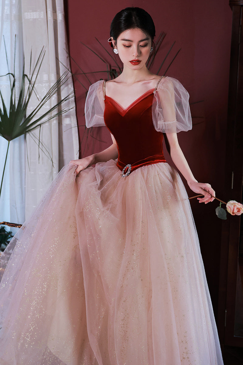 Straps Burgundy Velvet and Tulle A-line Long Formal Dress