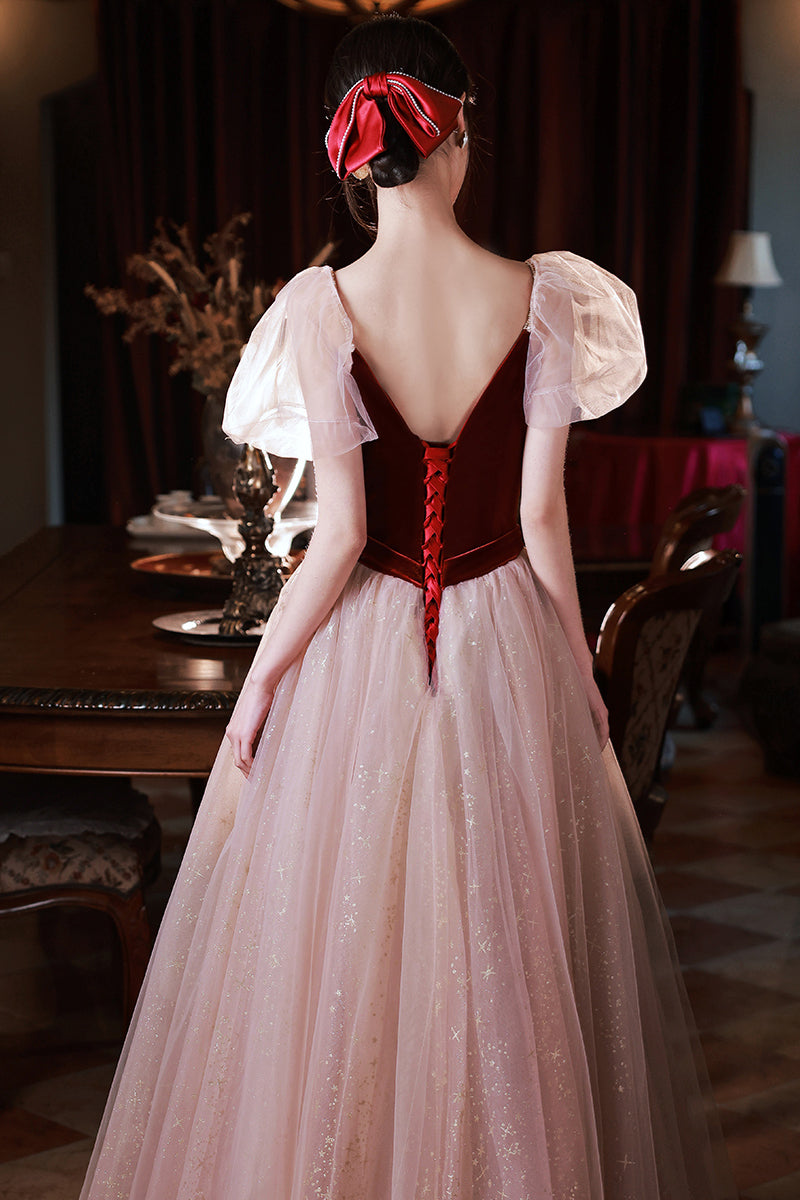 Straps Burgundy Velvet and Tulle A-line Long Formal Dress