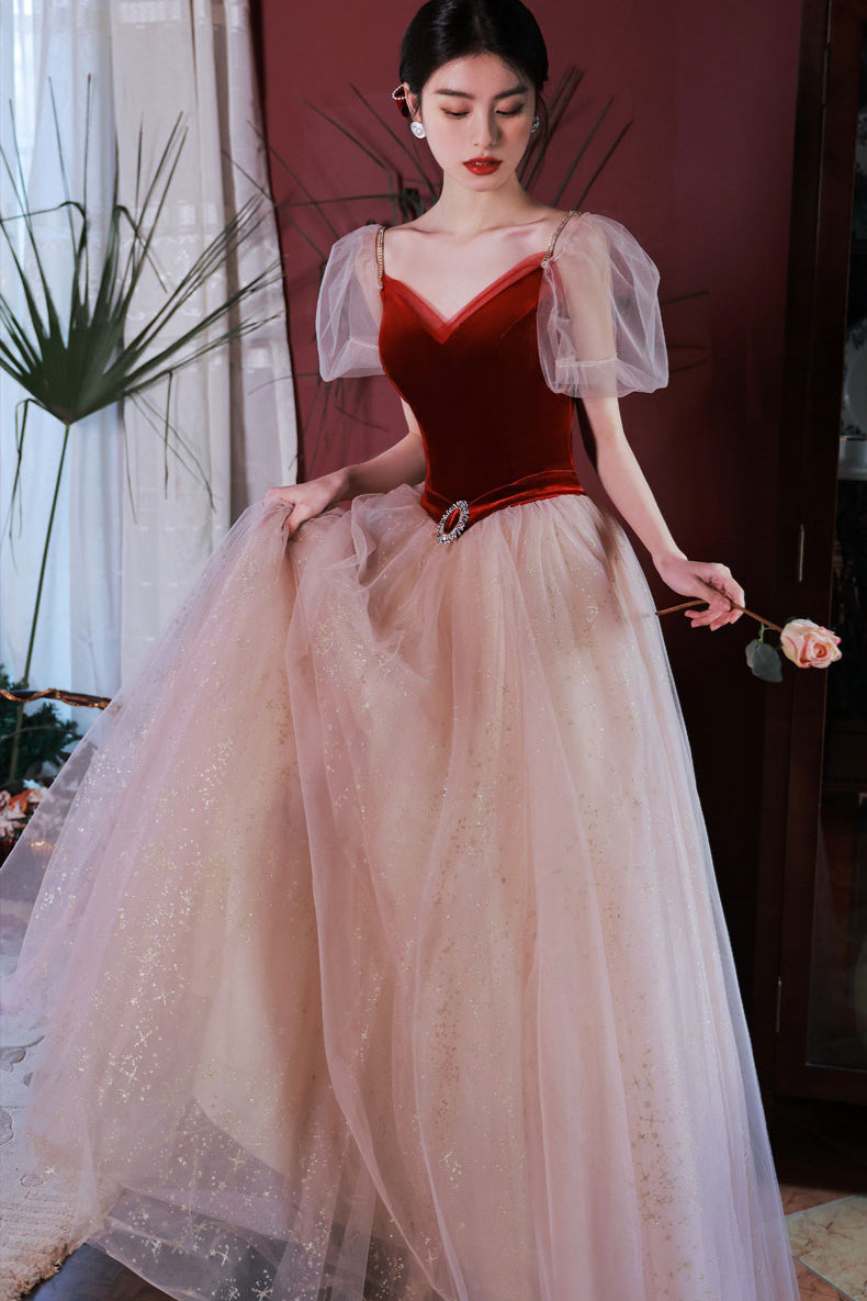 Straps Burgundy Velvet and Tulle A-line Long Formal Dress