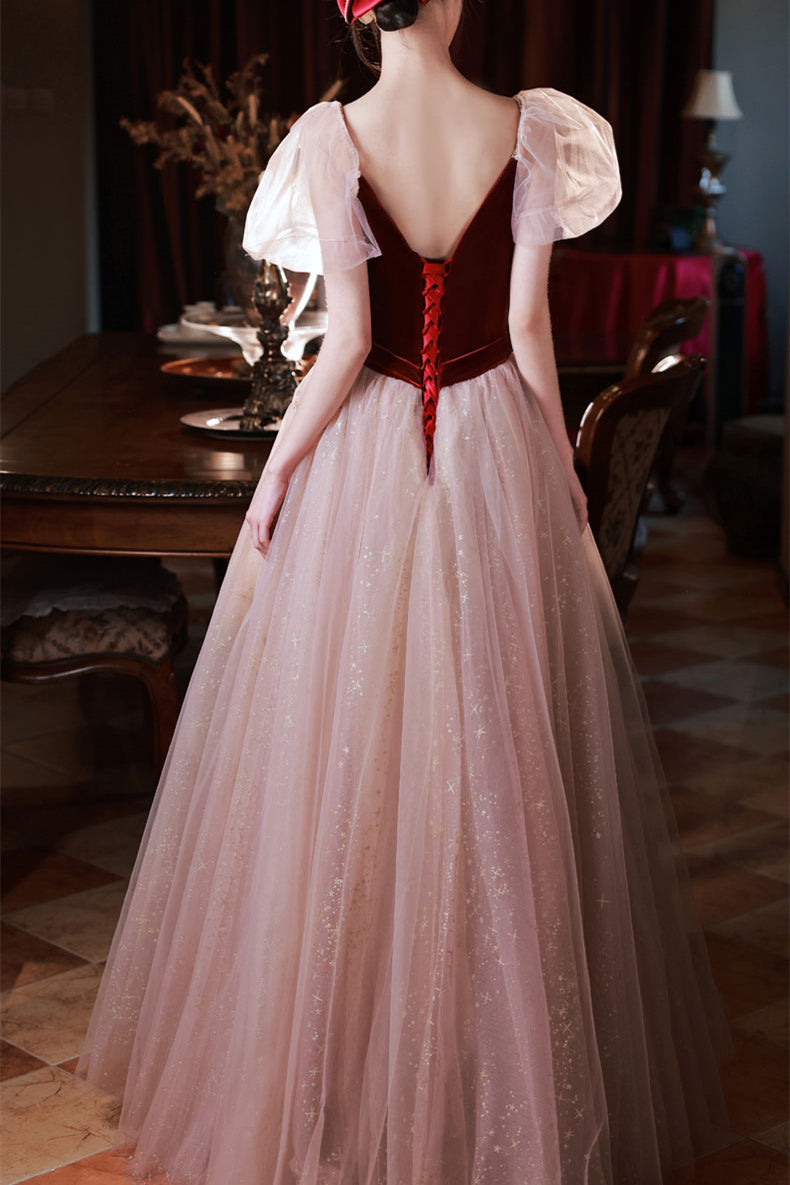 Straps Burgundy Velvet and Tulle A-line Long Formal Dress