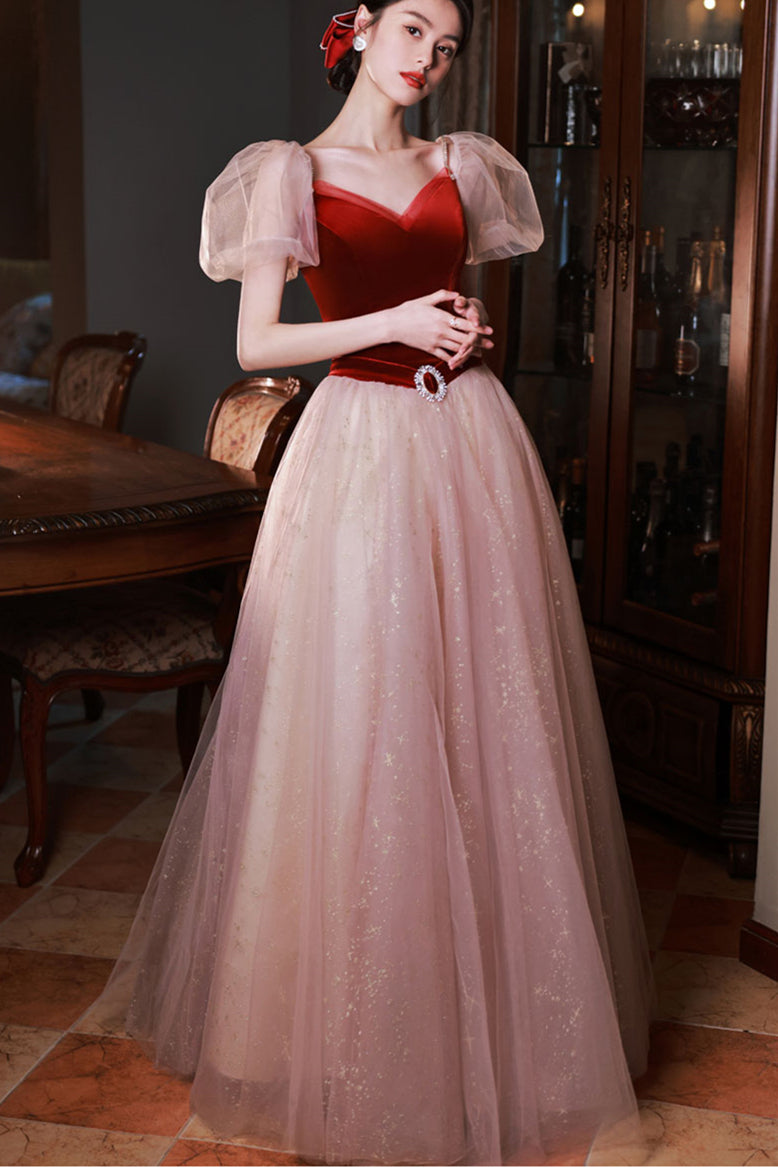 Straps Burgundy Velvet and Tulle A-line Long Formal Dress