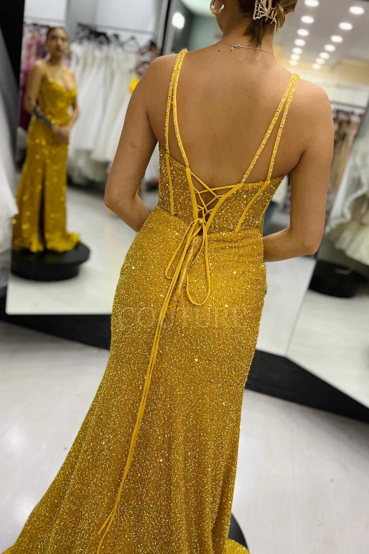 Yellow Sequin Straps Mermaid Long Prom Dress with Lace Up Back