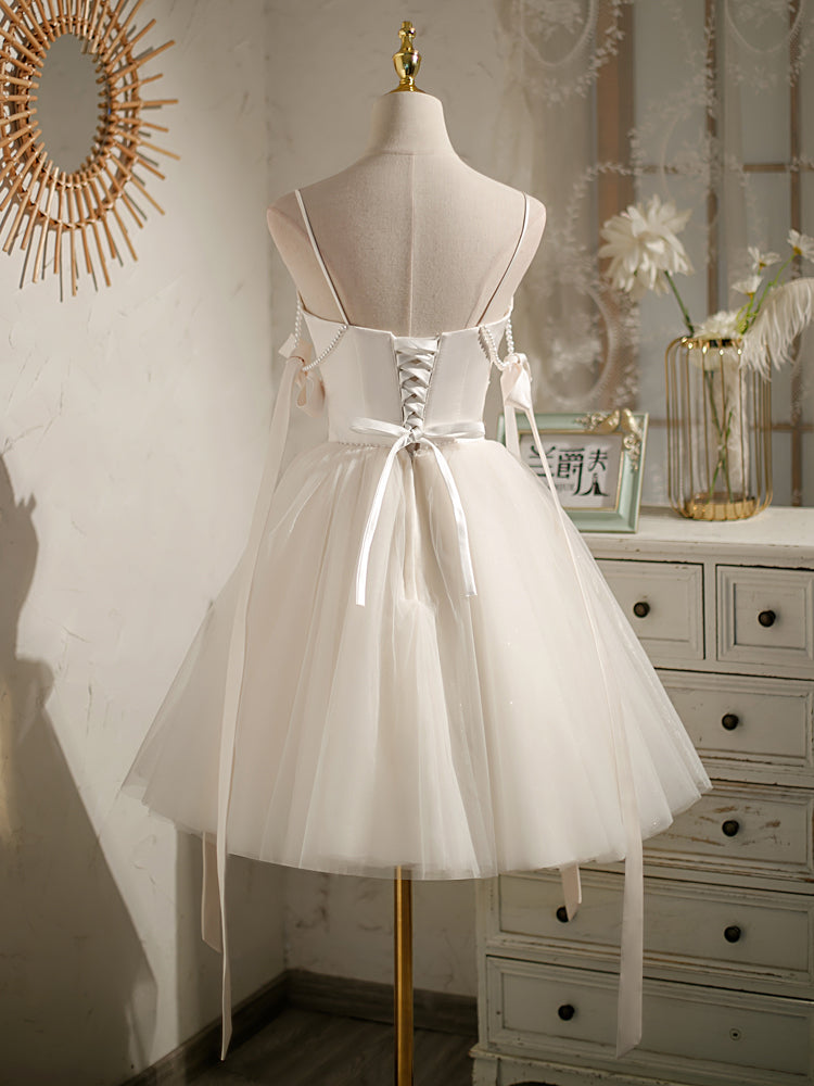 Sweet Ivory Straps Ribbon and Short Tulle Party Dress