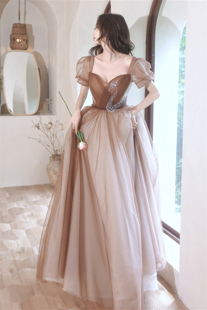 Short Sleeves Brown Tulle A-line Long Formal Dress